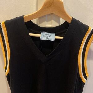 Prada Black V-neck Sleeveless Top with Yellow/White Trim